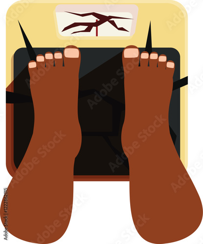 Bare feet standing on broken weighing scale indicating excessive weight gain and potential health problems
