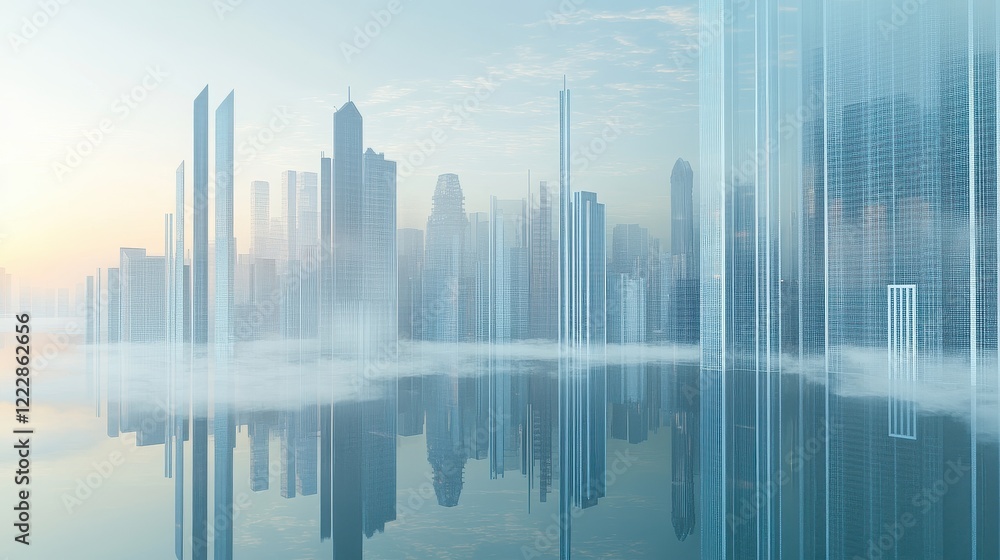 Urban skyline shrouded in smog, hazy atmosphere, 3D illustration. Urban skyline shrouded in smog, hazy atmosphere, 3D illustration.