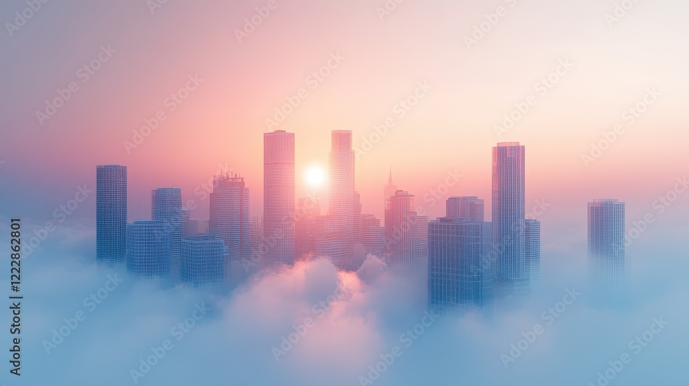 Fototapeta premium Urban skyline shrouded in smog, hazy atmosphere, 3D illustration. 