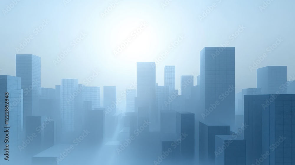 Urban skyline shrouded in smog, hazy atmosphere, 3D illustration. Urban skyline shrouded in smog, hazy atmosphere, 3D illustration.