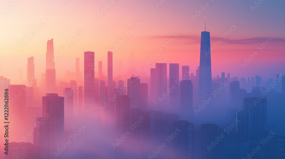 Urban skyline shrouded in smog, hazy atmosphere, 3D illustration. Urban skyline shrouded in smog, hazy atmosphere, 3D illustration.