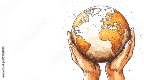 Hand-drawn Globe Held by Two Hands on White Background