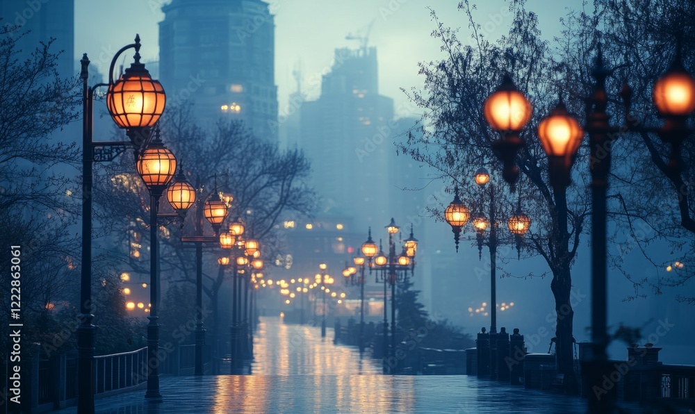 Obraz premium Misty evening street with vintage lanterns and modern skyline