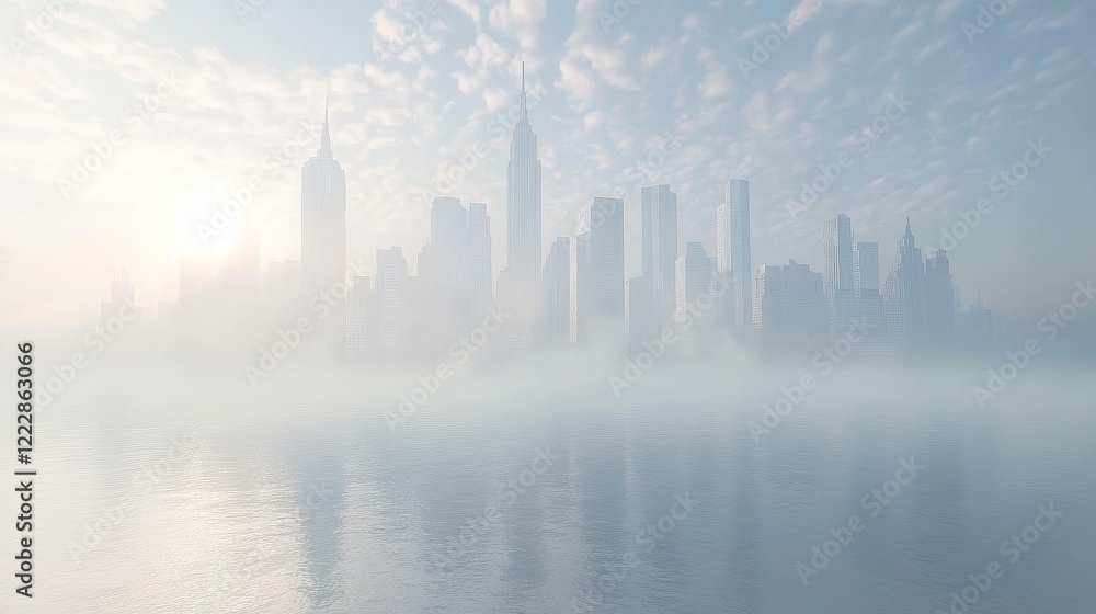 Obraz premium Urban skyline shrouded in smog, hazy atmosphere, 3D illustration. 
