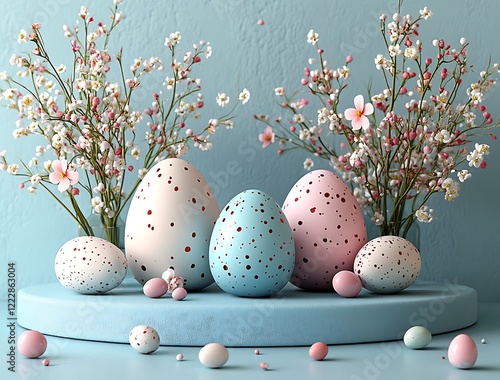 3d Happy Easter banner with painted eggs, flowers and podium. Concept of Easter egg hunt or egg decorating for product presentation. 3d render photo