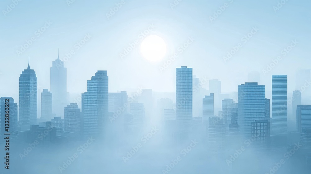 Urban skyline shrouded in smog, hazy atmosphere, 3D illustration. Urban skyline shrouded in smog, hazy atmosphere, 3D illustration.