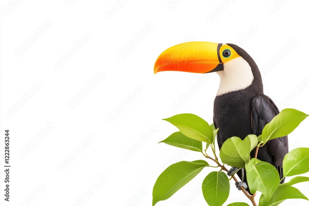 Fototapeta premium Vibrant toucan perched on lush green leaves against a clean white background, emphasizing nature's beauty