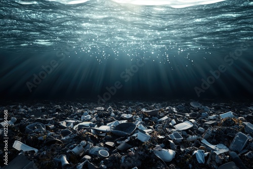 Fototapeta Naklejka Na Ścianę i Meble -  A polluted ocean in 3D with dead coral reefs, floating garbage, and glowing chemical spills under murky water