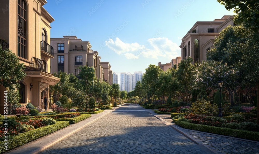 Obraz premium Modern apartment buildings with manicured landscaping and cobblestone street