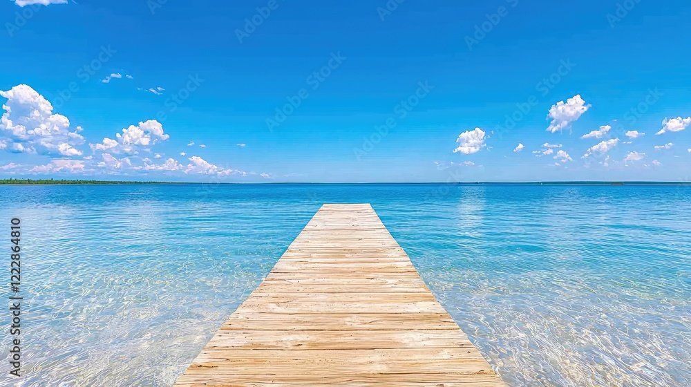 Obraz premium Tranquil wooden dock extending into serene turquoise lake under a vibrant blue sky