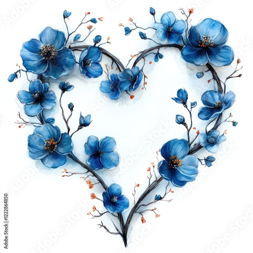 Heart-shaped arrangement of vibrant blue flowers with delicate branches and small buds, creating a serene atmosphere