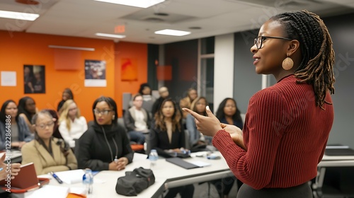 A collaborative meeting where a Black woman leads a discussion about marketing trends with a multicultural group