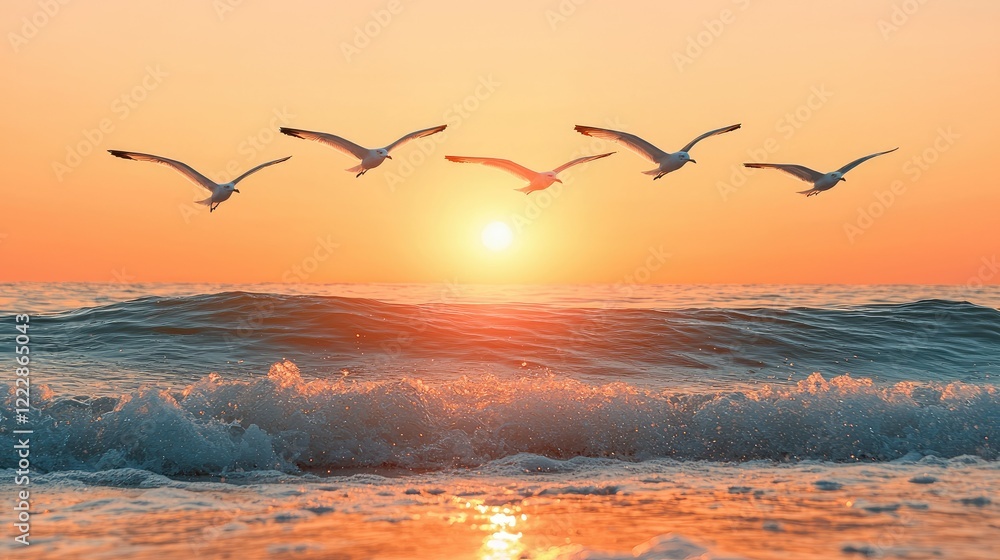 Naklejka premium Seagulls Soaring Over Sunset Ocean Waves