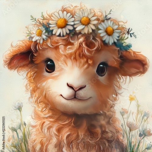 Adorable fluffy lamb with a flower crown surrounded by wildflowers in a serene pastoral setting