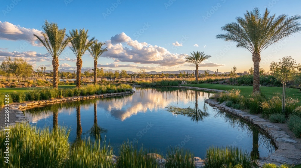 Serene Desert Oasis Reflecting Clouds and Palms Serene Desert Oasis Reflecting Clouds and Palms