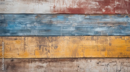 Textured wood panels with scratches and encaustic finishes in a grunge style featuring warm and cool color combinations for design use photo