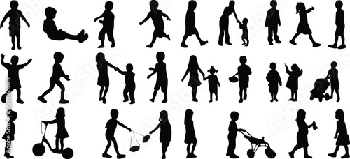 Print  Children silhouette, kid vector set, boy, girl, kids standing, playing, walking, interacting, different poses, kids silhouette set, child activities, group of children isolated figures