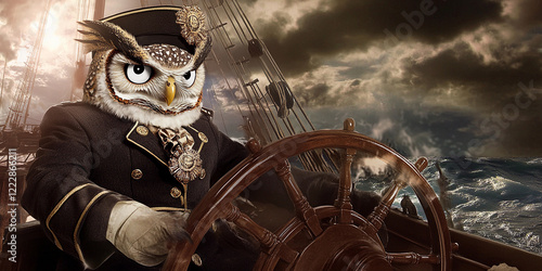 Owl captain steering a ship through stormy seas photo