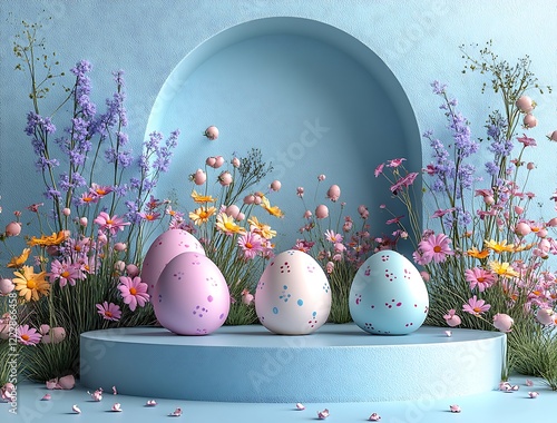 3d Happy Easter banner with painted eggs, flowers and podium. Concept of Easter egg hunt or egg decorating for product presentation. 3d render photo