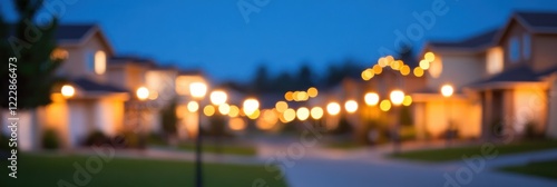 Blurred suburban neighborhood with warm street lights at evening photo