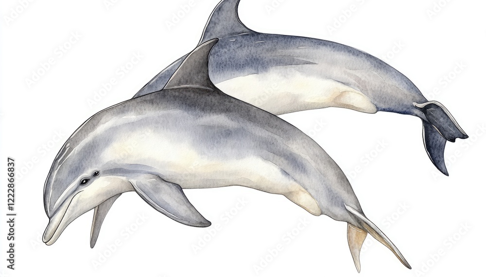 Fototapeta premium Two dolphins gracefully swimming side by side in a serene ocean setting, showcasing marine life beauty