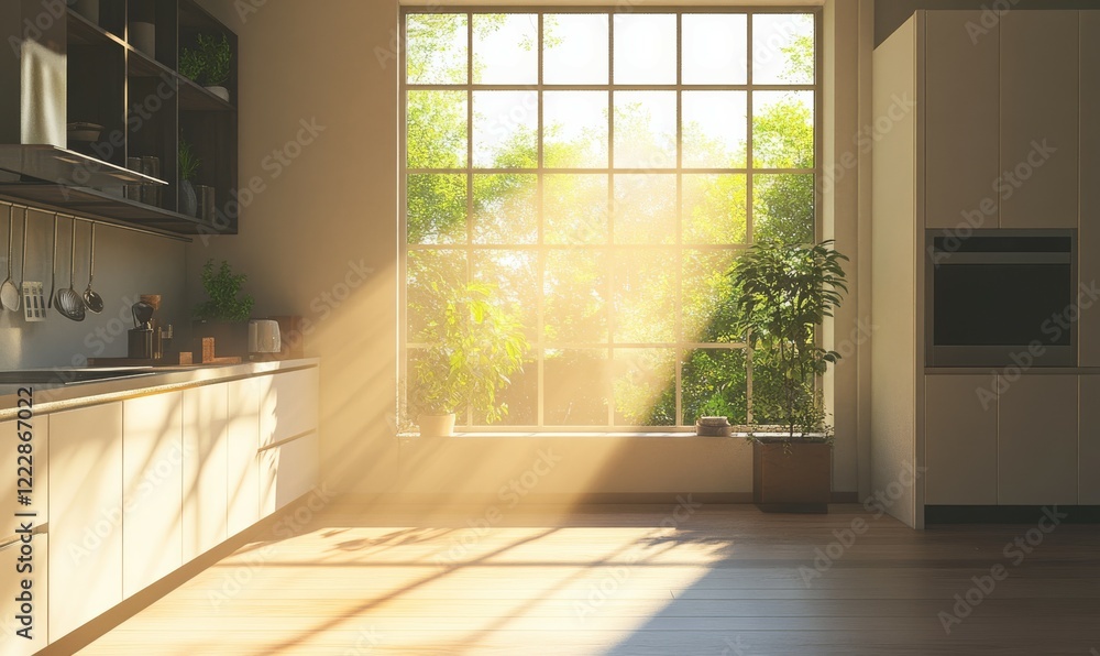 Fototapeta premium Modern Kitchen with Sunlight Streaming Through Window