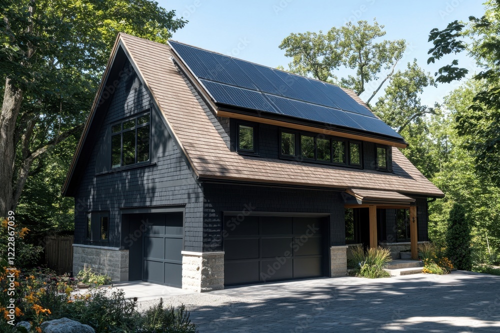 Modern house with solar panels surrounded by trees and flowers, showcasing eco-friendly design in a serene neighborhood setting Modern house with solar panels surrounded by trees and flowers, showcasing eco-friendly design in a serene neighborhood setting