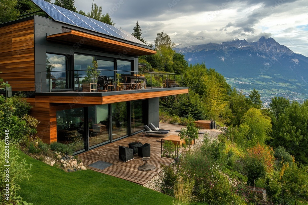 Obraz premium A contemporary mountain house featuring solar panels stands majestically, providing stunning views of a verdant valley and distant peaks, all under a soft, cloudy sky
