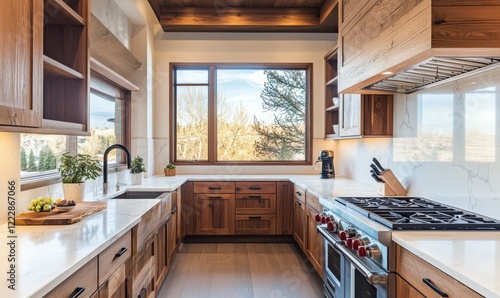 Wallpaper Mural Modern Kitchen with Wooden Cabinets, Oven, and Window View Torontodigital.ca