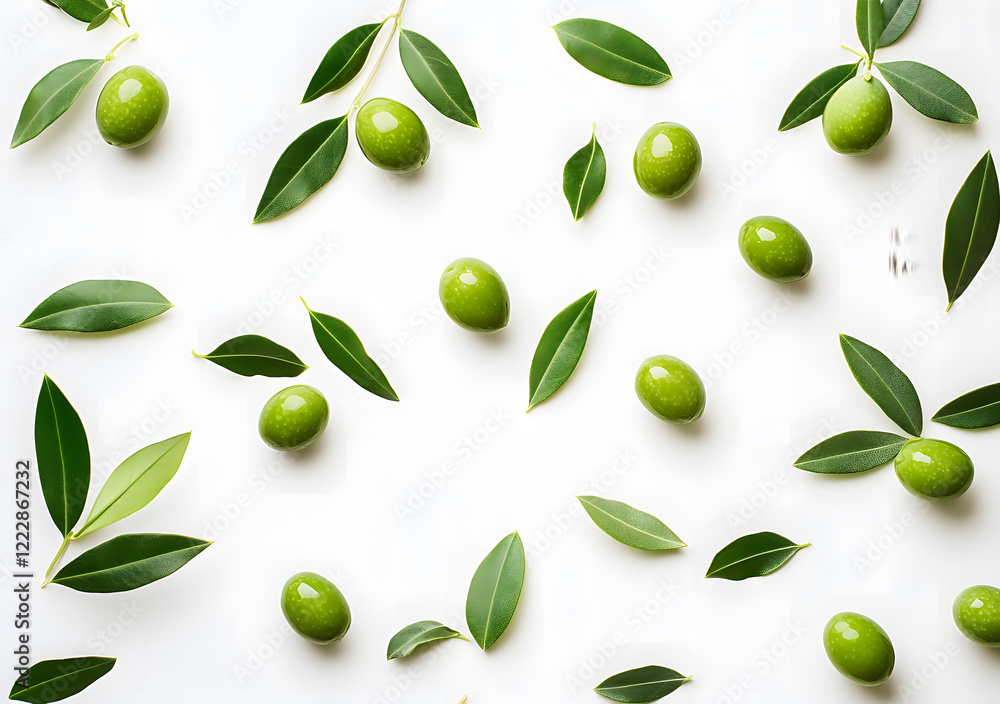 Green Olives and Leaves Pattern on White Background Green Olives and Leaves Pattern on White Background