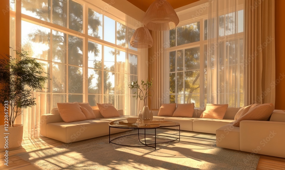 Fototapeta premium Modern living room interior design, concept using Pantone's 2025 colour of the year Mocha Mousse