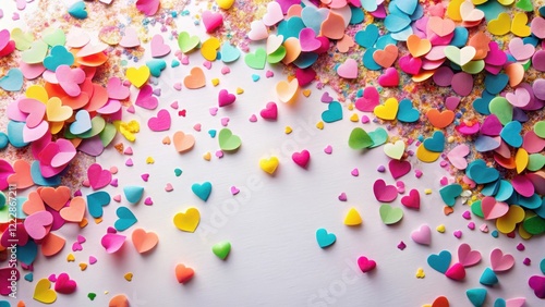Colorful paper hearts scattered on a white background with a confetti overlay in a party atmosphere, celebration, pink confetti
