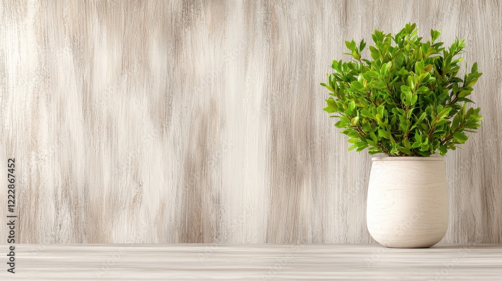 Green plant in pot on wooden table, textured background, home decor, website banner Green plant in pot on wooden table, textured background, home decor, website banner