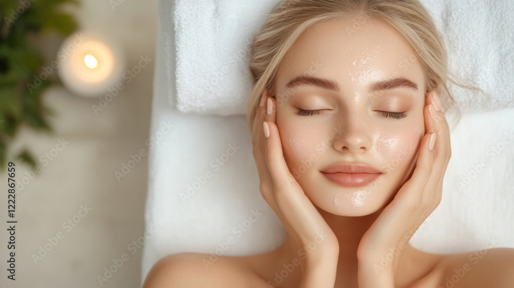 young woman enjoys relaxing spa moment with facial treatment, surrounded by calming elements. Her serene expression reflects tranquility and self care young woman enjoys relaxing spa moment with facial treatment, surrounded by calming elements. Her serene expression reflects tranquility and self care