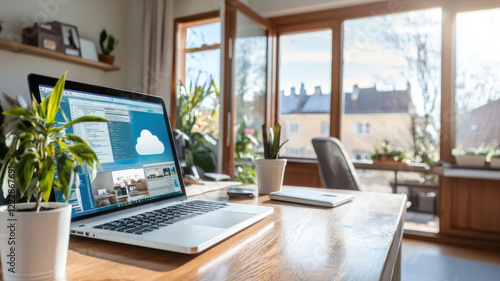 Wallpaper Mural modern workspace featuring laptop, plants, and large windows Torontodigital.ca