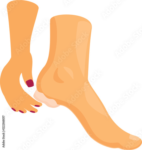 Woman applying moisturizing cream on her heel, preventing dry and cracked skin, promoting foot health and skincare
