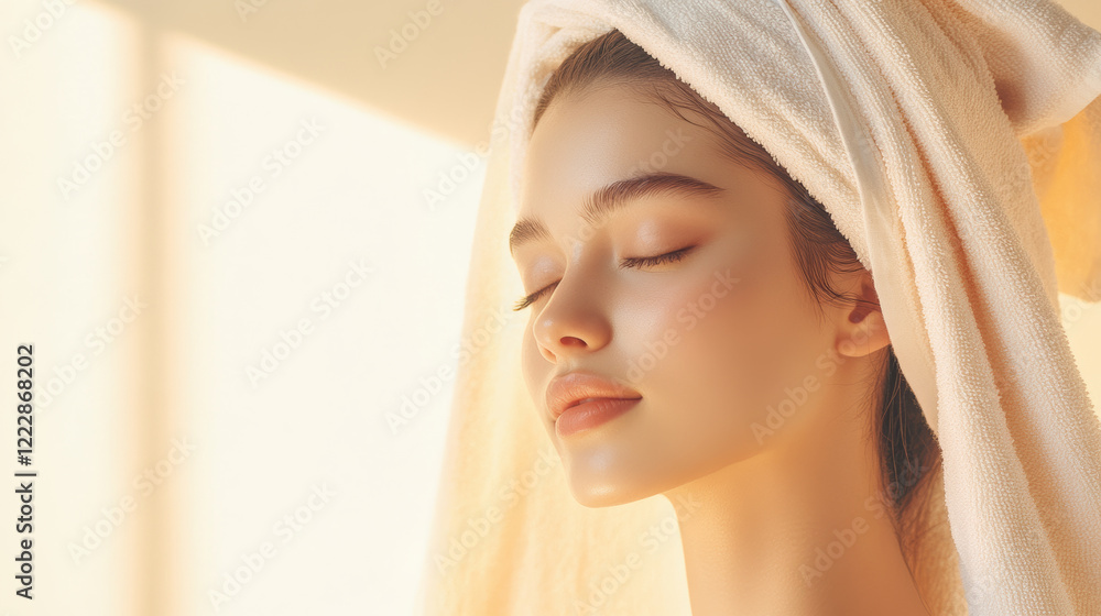 Fototapeta premium serene young woman with towel on her head, enjoying moment of relaxation and self care. soft lighting enhances her peaceful expression and glowing skin