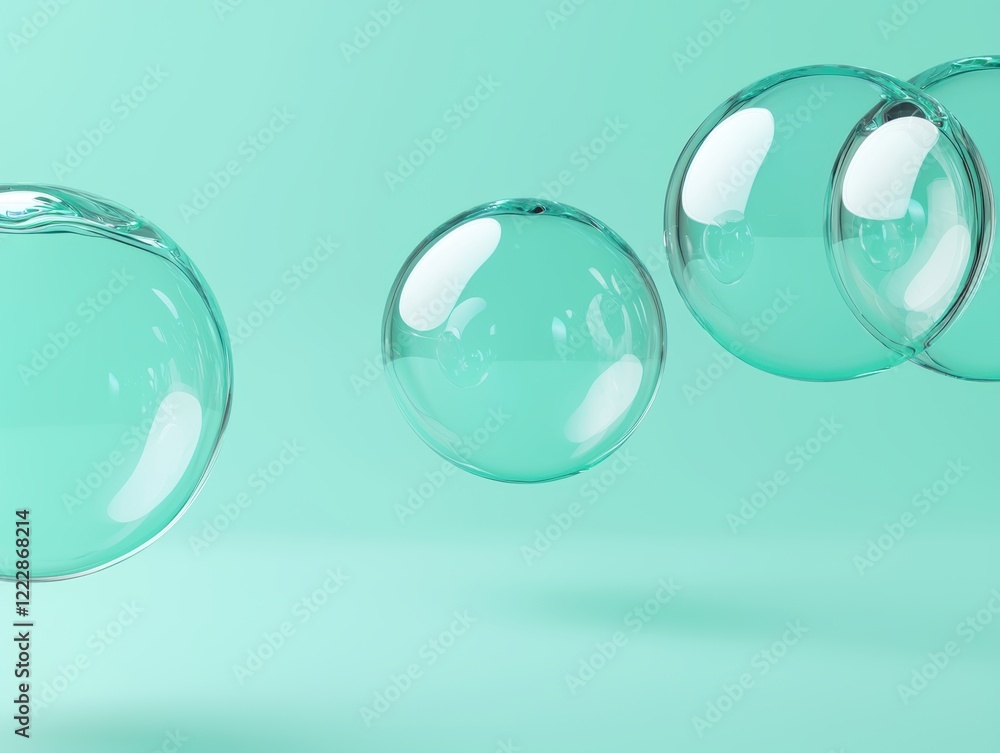 Translucent globes filled with swirling liquid light, floating mid-air in a gradient environment of soft blues and greens Translucent globes filled with swirling liquid light, floating mid-air in a gradient environment of soft blues and greens