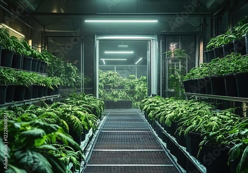 Inside an industrial cold room filled with rows of green salad plants  hyper-realistic photography captures the scene.