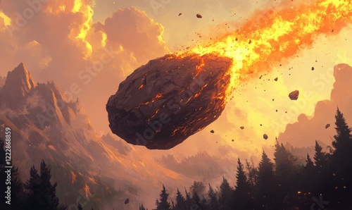 Large rock is falling from the sky, leaving a trail of fire behind it. The scene is dramatic and intense, with the rock's descent creating a sense of danger and destructio photo