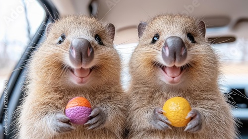Two quolls in car, smiling, holding balls, road trip.  Cute pet image for websites or social media