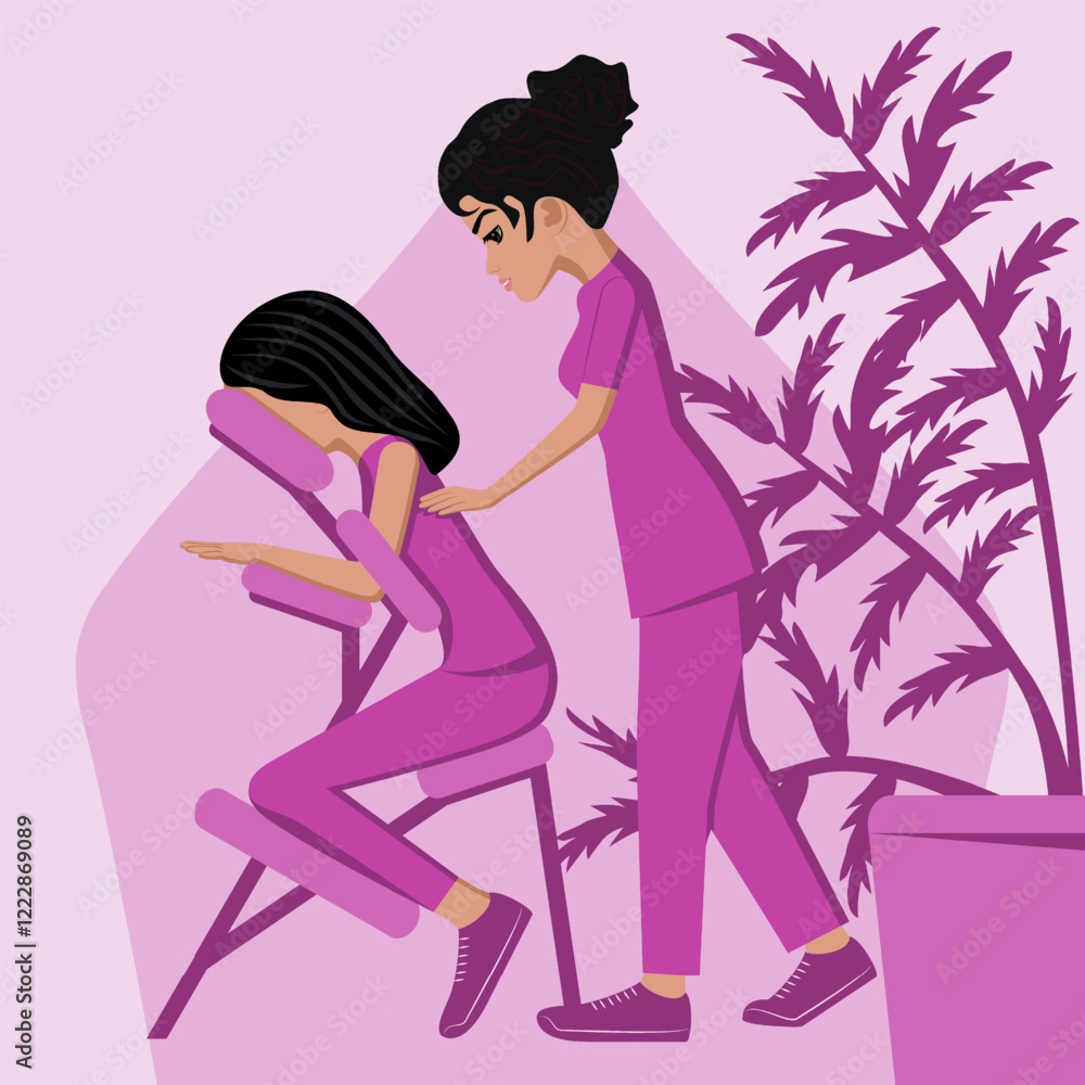 Manual massage. treatment by professional therapist in SPA. Chair Massage Therapy. Isolated flat vector illustration. Indian ethnicity. Manual massage. treatment by professional therapist in SPA. Chair Massage Therapy. Isolated flat vector illustration. Indian ethnicity.