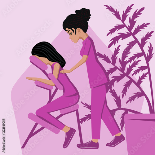 Manual massage. treatment by professional therapist in SPA. Chair Massage Therapy. Isolated flat vector illustration. Indian ethnicity.