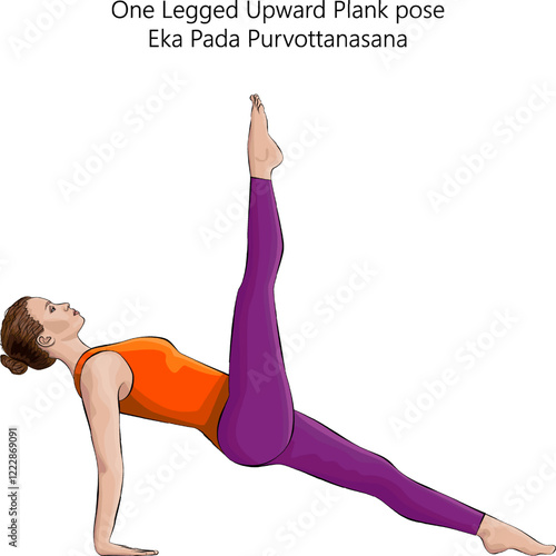 Young woman practicing Eka Pada Purvottanasana yoga pose. One Legged Upward Plank pose. Intermediate Difficulty. Isolated vector illustration.