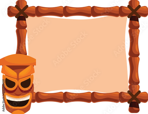 Bamboo frame with empty canvas and tiki mask representing tropical culture and summer vibes