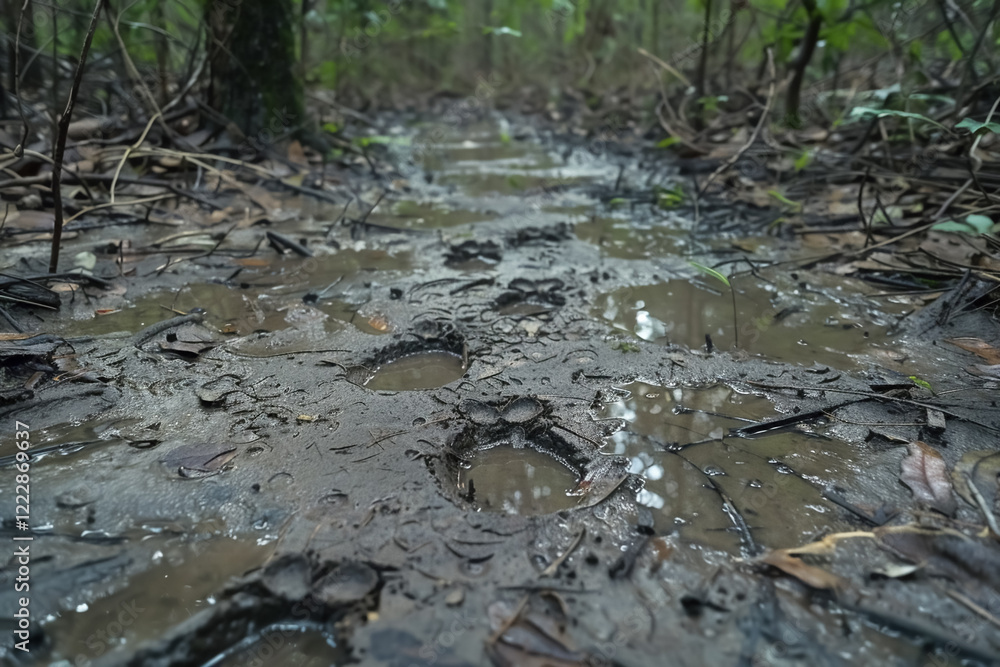 Footprints in mud reveal path through lush, wet forest, showcasing nature beauty and wildlife Footprints in mud reveal path through lush, wet forest, showcasing nature beauty and wildlife