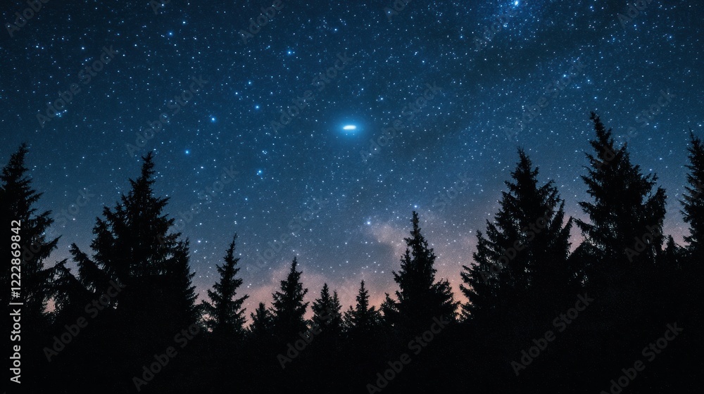 Fototapeta premium Starry Night Sky Above Silhouetted Pine Trees