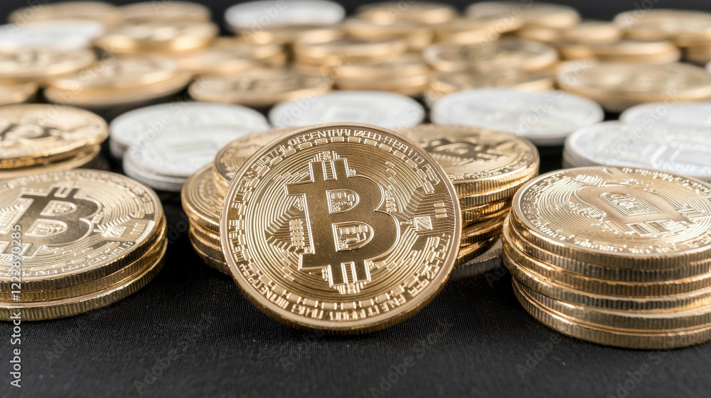 Glimmering cryptocurrency coins stacked on dark surface, showcasing wealth and investment potential Glimmering cryptocurrency coins stacked on dark surface, showcasing wealth and investment potential