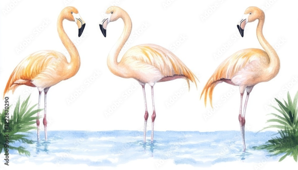 Obraz premium Three elegant flamingos standing gracefully in shallow water with lush greenery in the background