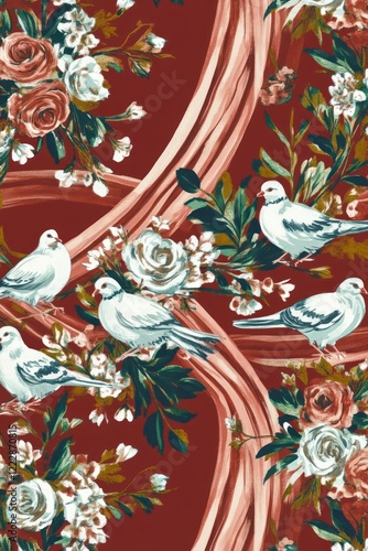 Wallpaper Mural Elegant Red and White Floral Design with Birds for Chinese New Year Celebrations Torontodigital.ca
